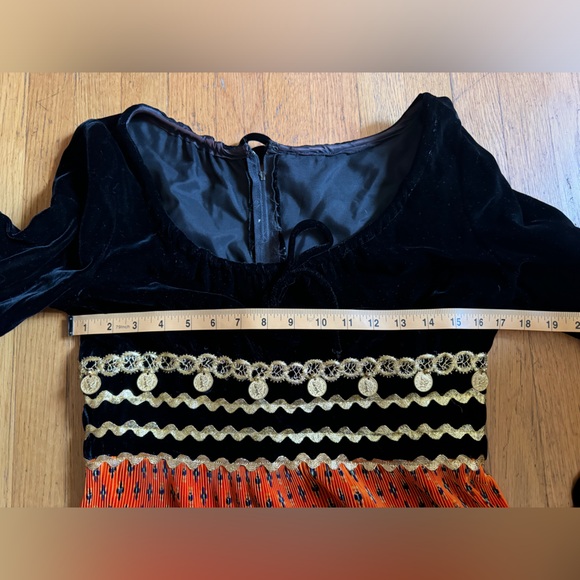 70s Vintage Black Velvet Dress with Accordion Pleat Orange Skirt - Picture 5 of 5